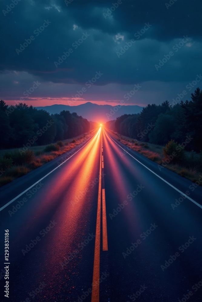 Fototapeta premium Long asphalt highway stretches into dark night , vehicle, abstract, travel