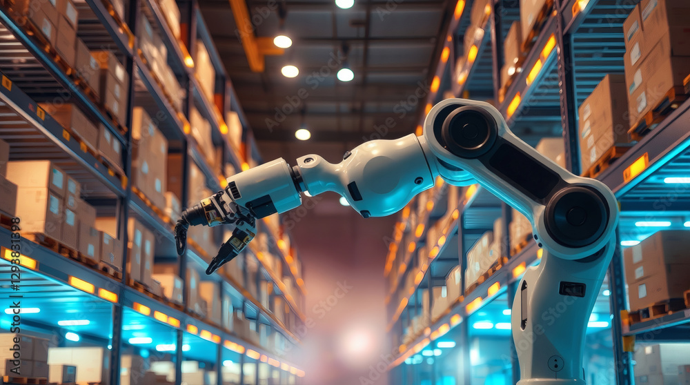 Concept a futuristic robot,in a high-tech warehouse ,ai robot box delivery.