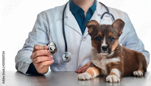 Precious Pup Receiving Tender Care at the Vets Office, Heartwarming Moment Captured with a Veterinarians Genuine Love and Compassion Using a Stethoscope. photo