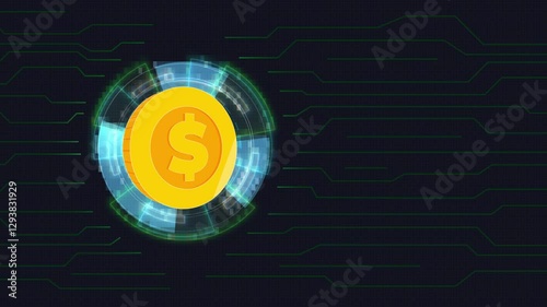 Seamless Loop Business Economy  2D Coin Rotation 360 Degree in Digital Technology Futuristic Hud Background