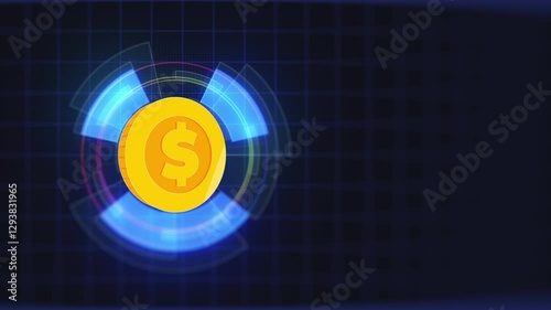 Seamless Loop 2D Coin Rotation in Abstract Futuristic Digital Technology Hud Equalizers Background