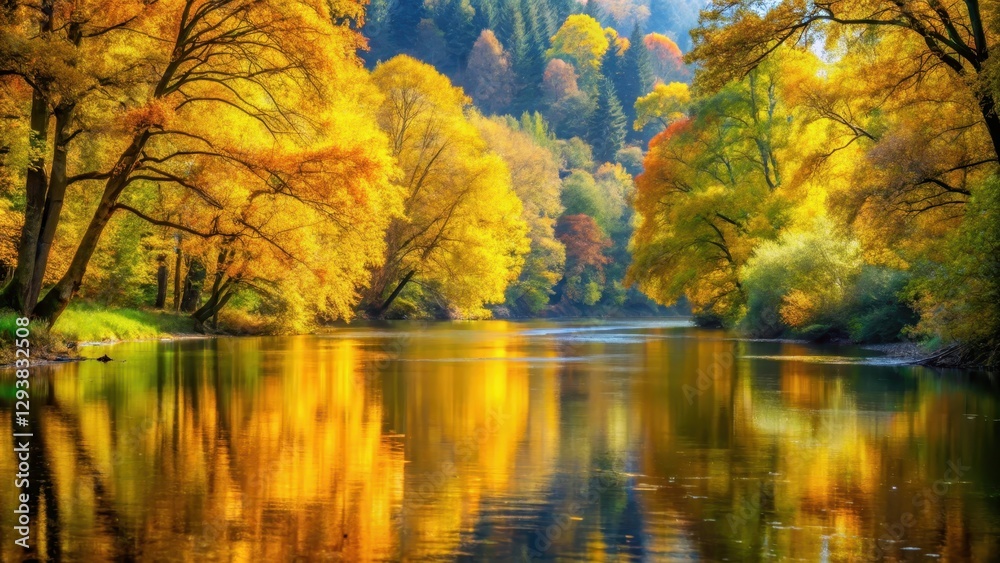 Fototapeta premium Golden hues of autumn leaves shimmering in the rippling water of a serene river, surrounded by lush greenery and towering trees with vibrant foliage, tranquil river, autumn trees