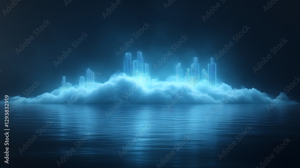 Fototapeta premium Digital Cityscape Emerging From Clouds Above Water