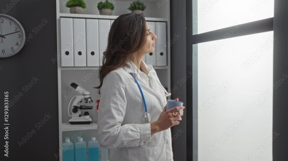Woman standing in clinic room looking out window holding coffee cup dressed in medical attire with stethoscope observing through bright large window next to shelf. Woman standing in clinic room looking out window holding coffee cup dressed in medical attire with stethoscope observing through bright large window next to shelf.