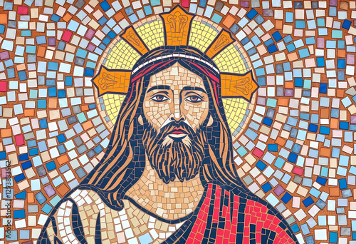 Jesus Mosaic Art – Divine Religious Illustration with Sacred Halo and Spiritual Aesthetic