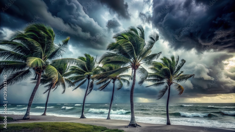 Obraz premium Dark grey stormy sky with palm trees swaying violently in strong winds, stormy ocean