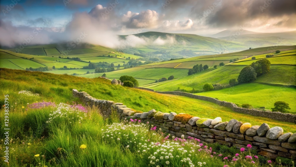 Fototapeta premium Rolling hills of lush green grasses with wildflowers and a meandering stone wall, set against a backdrop of misty Irish countryside , rolling hills, rural landscape