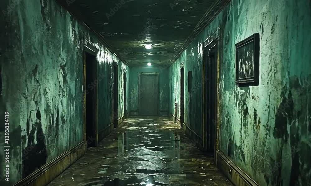 Dimly lit, eerie hallway in an abandoned building with peeling paint and puddles reflecting light