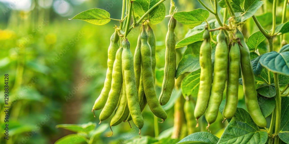 A cluster bean plant with mature pods hanging from a stem amidst a sea of similar plants in a green field with Cyamopsis tetragonoloba , nature, legumes A cluster bean plant with mature pods hanging from a stem amidst a sea of similar plants in a green field with Cyamopsis tetragonoloba , nature, legumes
