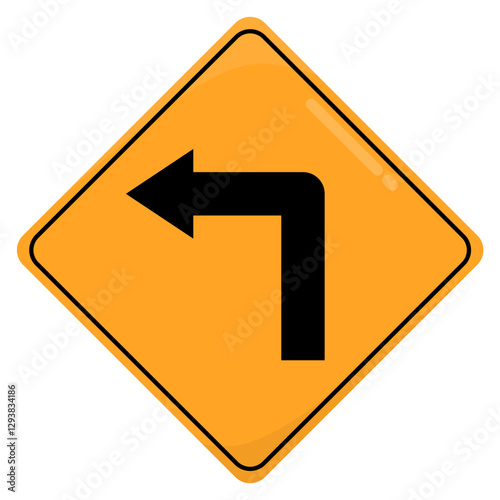 Yellow Road and Traffic Sign. Sharp Left Turn Road Sign