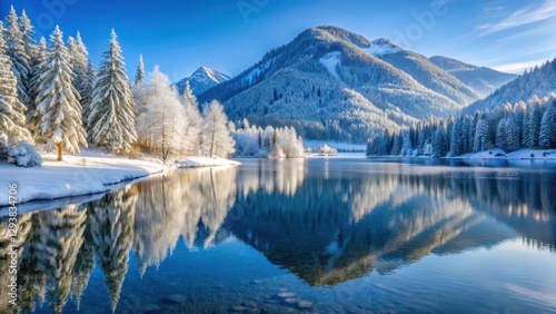 Frosty morning at Spitzingsee lake in Bavaria, with ice-covered trees and a frozen lake surface reflecting the snow-capped Alps photo