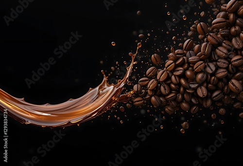 A wonderful testy Roasted Coffee Splash Explosion in black background 