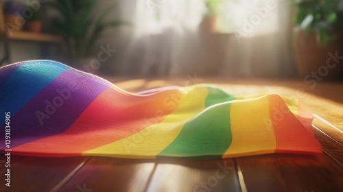Rainbow flag at the LGBT parade. Background with selective focus and copy space