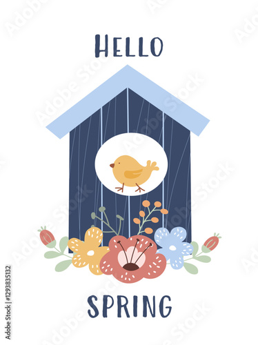 Vector image of a colorful birdhouse featuring a small yellow bird perched inside, signifying the arrival of spring. Greeting seasonal card