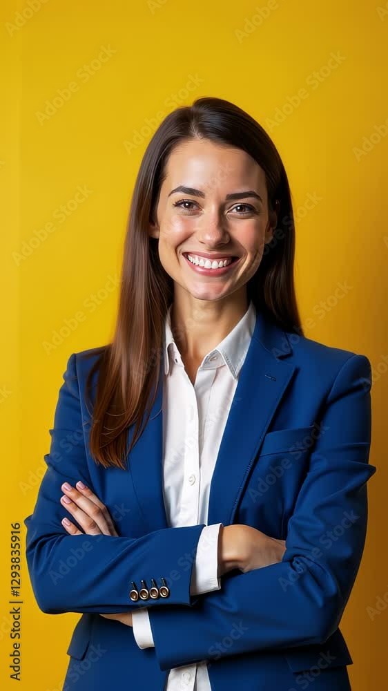 A confident businesswoman stands smiling with her arms crossed, wearing a blue suit against a vibrant yellow background. her positive expression exudes professionalism and charisma. A confident businesswoman stands smiling with her arms crossed, wearing a blue suit against a vibrant yellow background. her positive expression exudes professionalism and charisma.
