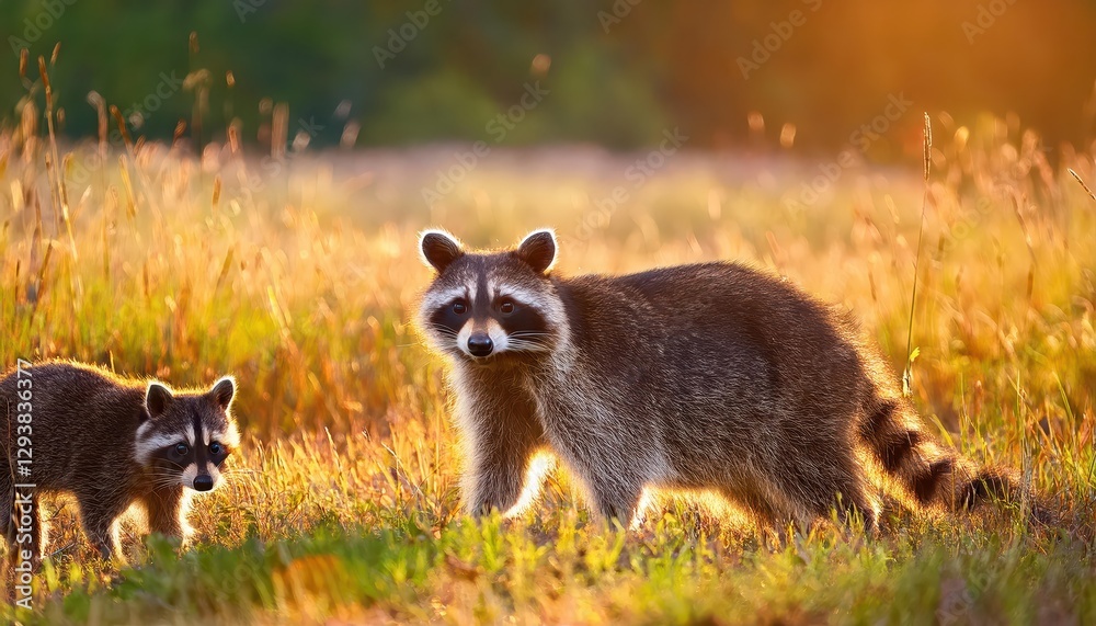 Rustling Through the Forest Playful Raccoons Dart Across a Grassland Backdrop as Sunlight Filters Through Aspens, Contrasting against the Rich Textures of Autumn Leaves and Shadowy Underbrush. Rustling Through the Forest Playful Raccoons Dart Across a Grassland Backdrop as Sunlight Filters Through Aspens, Contrasting against the Rich Textures of Autumn Leaves and Shadowy Underbrush.