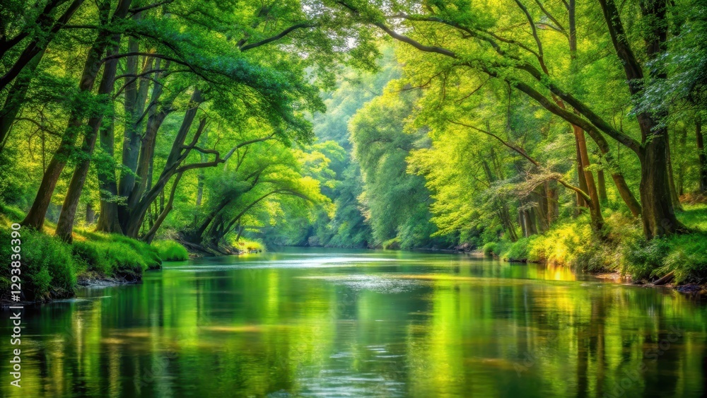 A serene river flows smoothly through dense, vibrant green woods with towering trees on both sides and a carpet of lush foliage , calm water, nature photography A serene river flows smoothly through dense, vibrant green woods with towering trees on both sides and a carpet of lush foliage , calm water, nature photography