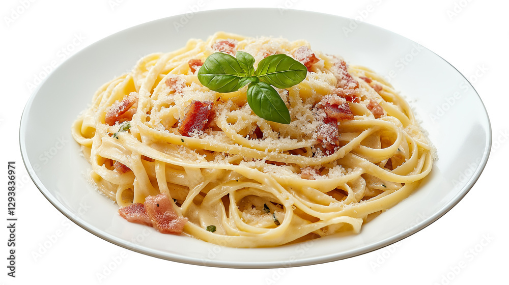 Plate of pasta carbonara with creamy sauce, pancetta, and parmesan, Italian food delight, isolated on a white background