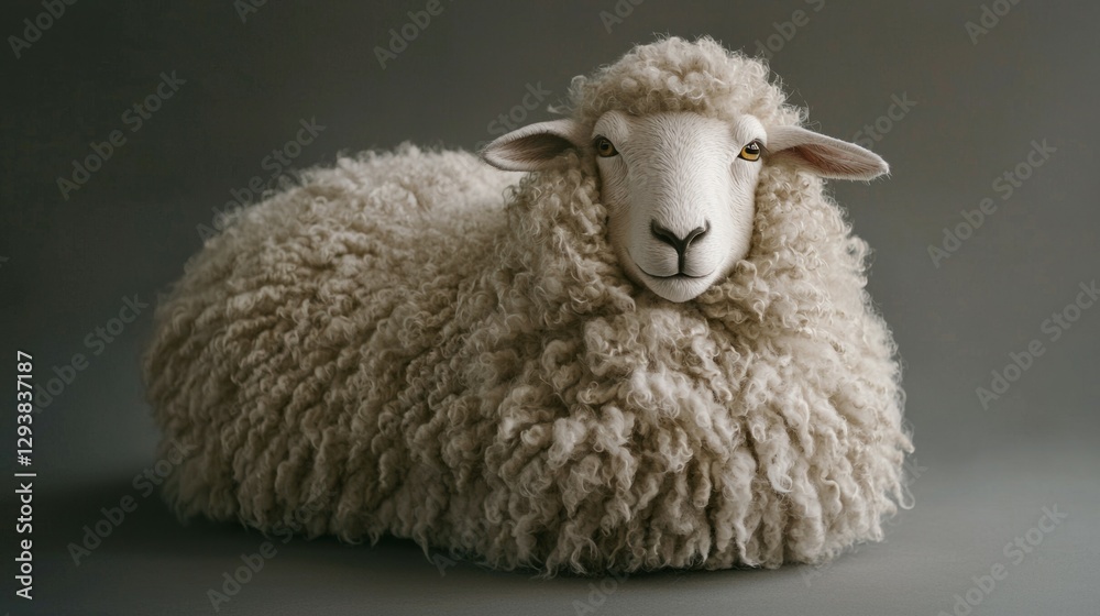 Charming and Soft Sheep with Fluffy Wool on Neutral Background