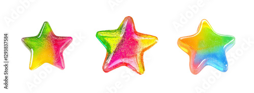 Three Colorful Gradient Star Candies on Transparent Background