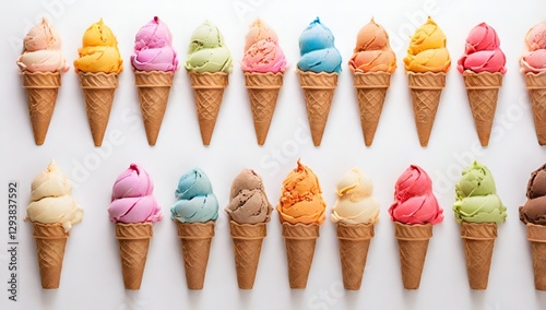 collection of various delicious ice cream lolly ice cones with different topping fruit

