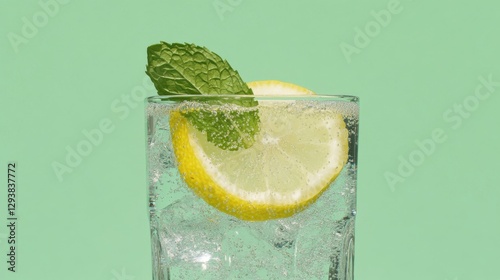 A crystal-clear glass of sparkling water with lemon slices, mint leaves, and ice cubes, set against a bright summer background