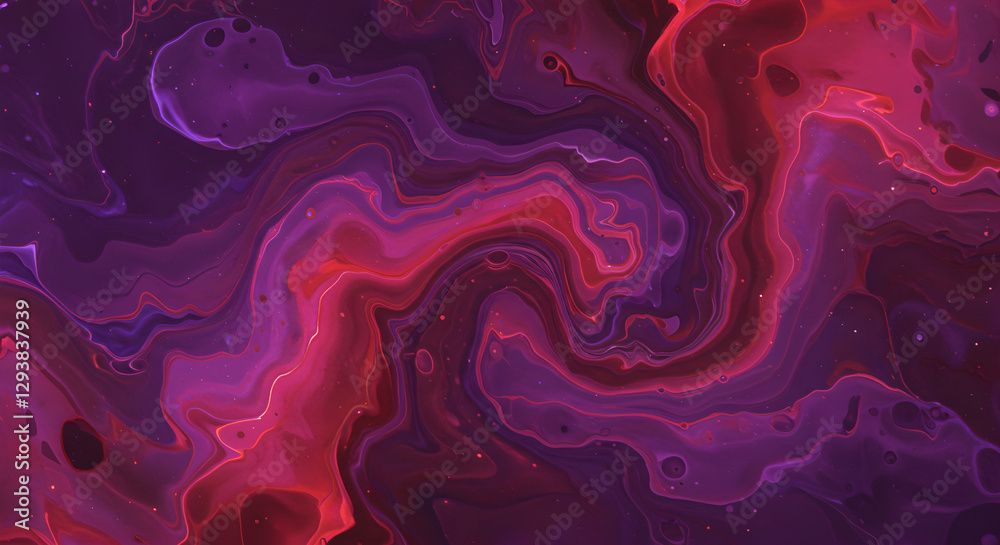 Obraz premium Cosmic swirls of red and purple abstract fluid art. Vibrant galaxy-like pattern with flowing lines and curves. Mystical space background design for wallpaper and digital media with dark tones