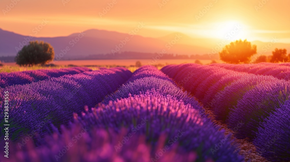 Fototapeta premium The golden sunset in the lavender field