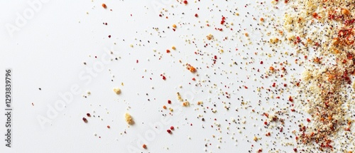 Close-up of grainy breadcrumbs spread across a white background finely textured ultra-sharp macro photography high-definition food styling clean minimal composition soft shadows bright lighting crisp