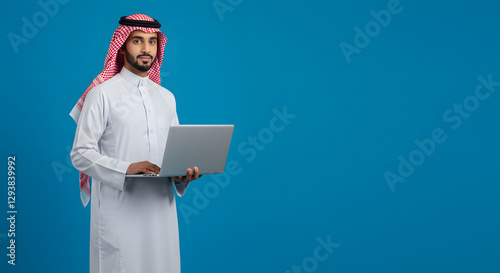 arab saudi man with laptop isolated background