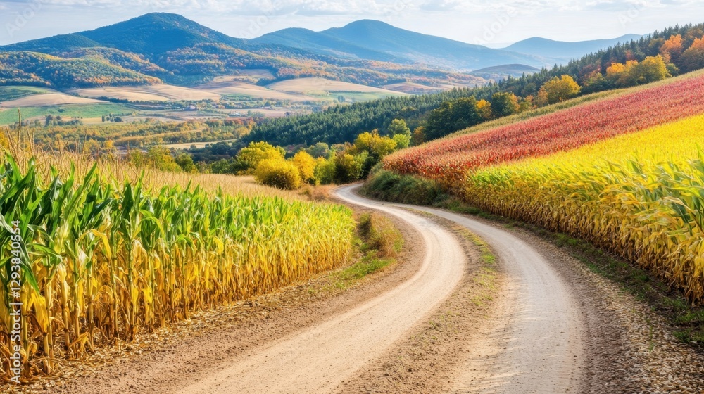 Naklejka premium A road runs through a field of corn and other crops