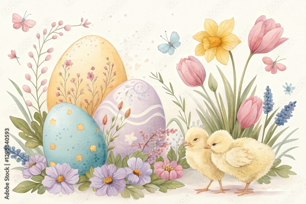 Easter eggs decorated with floral patterns, surrounded by flowers and two chicks Easter eggs decorated with floral patterns, surrounded by flowers and two chicks