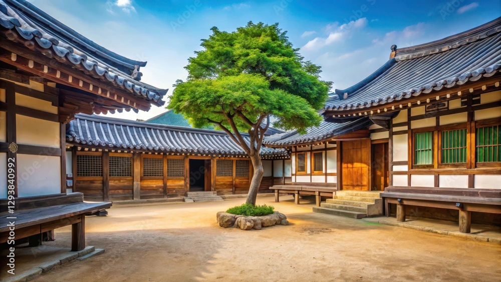 Serene courtyard surrounded by traditional Korean architecture with a small tree and eastern dormitory in Byeongsan Seowon, traditional building, east asian architecture Serene courtyard surrounded by traditional Korean architecture with a small tree and eastern dormitory in Byeongsan Seowon, traditional building, east asian architecture