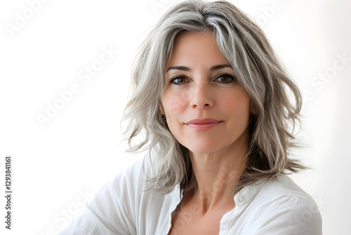 Mature woman with long gray hair portrait isolated on white background