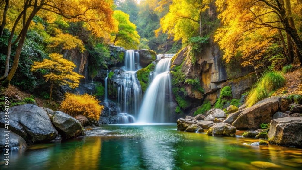 Fototapeta premium Tranquil waterfall surrounded by vibrant yellow and green foliage amidst rocky terrain, serene waterfalls, outdoor landscape
