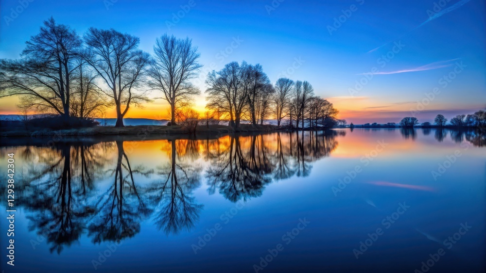 Reflections of twilight on the calm river surface, with silhouetted trees against a fading blue sky, riverbank, river, riverbank Reflections of twilight on the calm river surface, with silhouetted trees against a fading blue sky, riverbank, river, riverbank