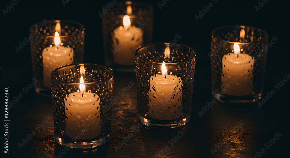 Glowing candles in decorative glass holders on dark surface. Romantic candlelight ambiance for spa, meditation, or home decor. Cozy evening atmosphere with warm light and shadows