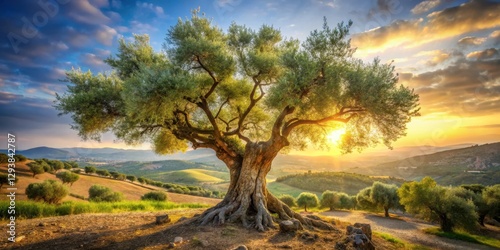 Ancient Olive Tree bathed in warm sunlight, its gnarled branches stretching towards the sky, with a blurred background of rolling hills and olive groves , serene, rustic