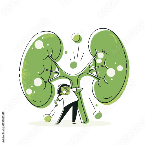 Vector illustration of human kidneys with a character symbolizing kidney health or disease. Concept of nephrology, renal care, and medical education.