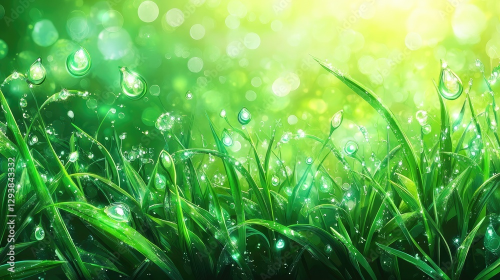 Fototapeta premium Macro view of fresh grass shimmering with dewdrops at sunrise.