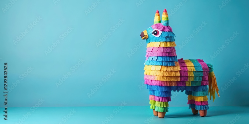 Naklejka premium Colorful Llama Pi?ata on Light Blue Background , celebratory, joyful, celebratory, joyful, vibrant, lively scene