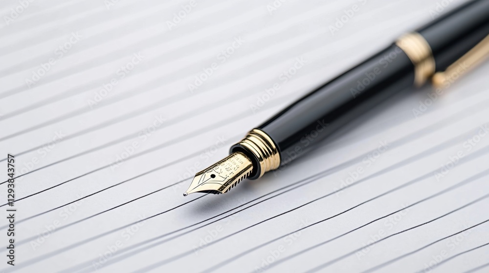 Elegant Black Fountain Pen on White Lined Paper Ready for Writing, Signing Documents, or Creative Expression in an Office or Study Setting Elegant Black Fountain Pen on White Lined Paper Ready for Writing, Signing Documents, or Creative Expression in an Office or Study Setting