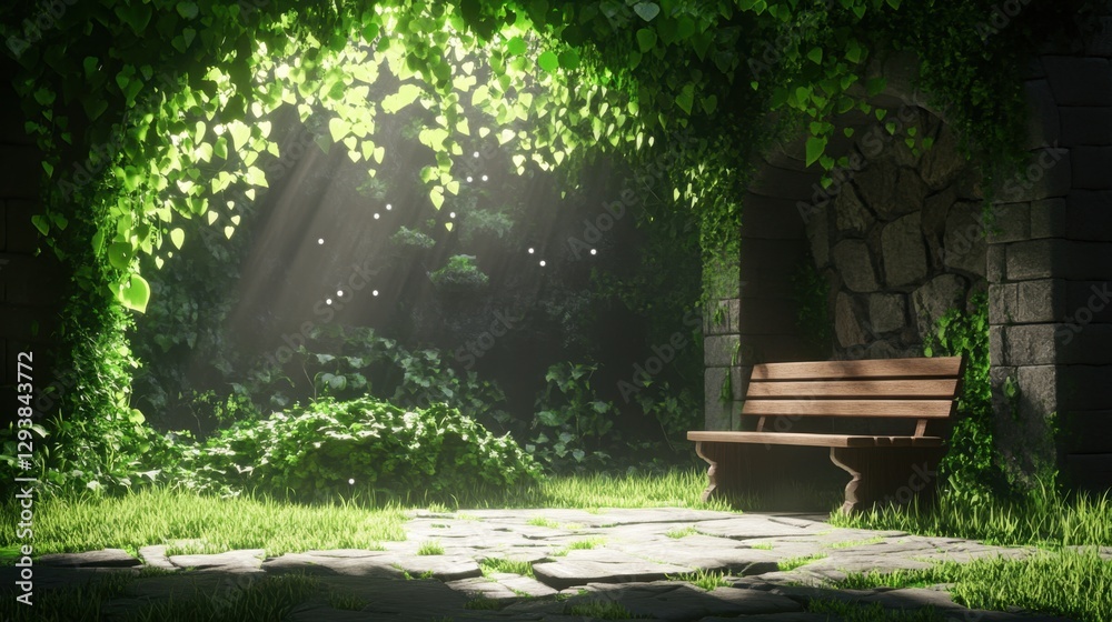 Serene Garden Scene with Sunlight, Greenery, and a Wooden Bench in an Enchanted Environment Ideal for Relaxation and Reflection