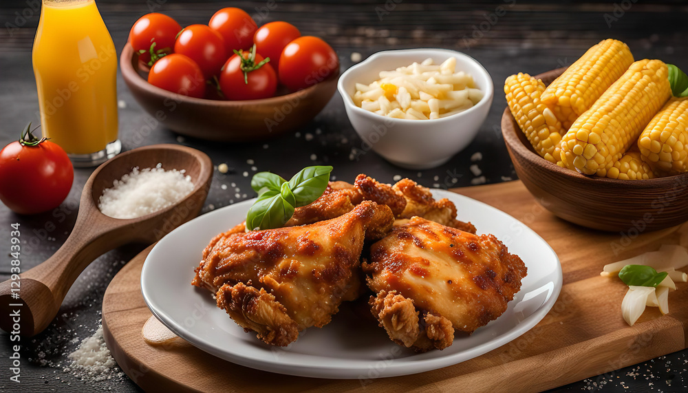 Fried Chicken Dinner with Corn on the Cob and Tomato Salad