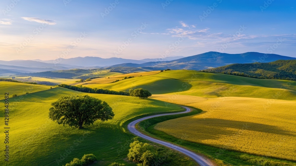 Naklejka premium Scenic Aerial View of Lush Green Hills with Rolling Landscape and Curved Road Under Clear Blue Sky in Bright Sunlight during Golden Hour