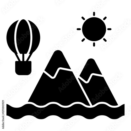 A unique design icon of mountains with hot air balloon showcasing hills station