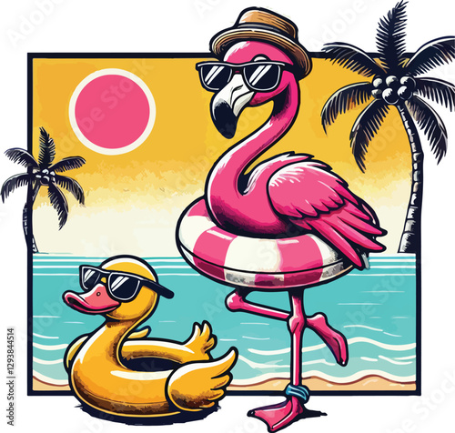 One-Legged Chill Flamingo In Paradise, Summer Vibes Only.