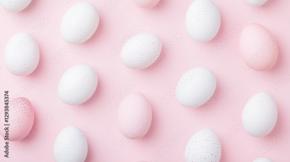 Composition-pattern of pale pink and white Easter eggs, on a pale pink background, composition for Easter holidays, spring mood, place for text