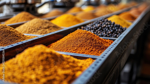 Fototapeta Naklejka Na Ścianę i Meble -  Commercial spice production facility, massive spice blending machines mixing paprika and black pepper, automated conveyor belts transporting freshly ground seasoning