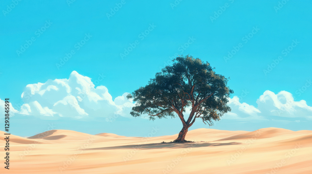 An iconic scene of a single tree standing against the odds in a lifeless desert An iconic scene of a single tree standing against the odds in a lifeless desert